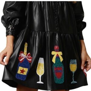 Adorable Black Faux Leather Shirt Dress with Sequin Champagne Bottles.